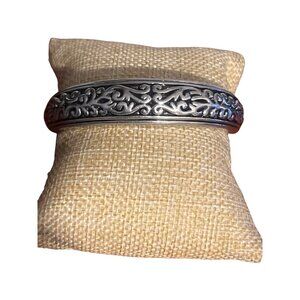 Vintage Silver Tone Clamper Bangle Bracelet Etched Scrollwork 5/8" wide 6.5"